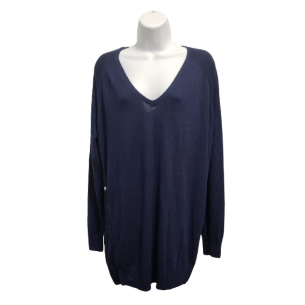 Joan Vass Navy Blue V Neck Cashmere Blend Sweater